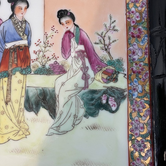 Vintage Chinese Famille Rose Porcelain Plaque In Bamboo Style Designed Frame - Picture 3 of 9